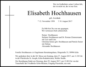 Anzeige von Elisabeth Hochhausen von Kölner Stadt-Anzeiger / Kölnische Rundschau / Express