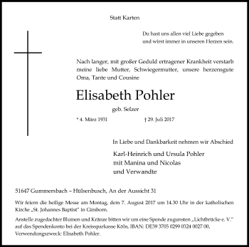 Anzeige von Elisabeth Pohler von Kölner Stadt-Anzeiger / Kölnische Rundschau / Express