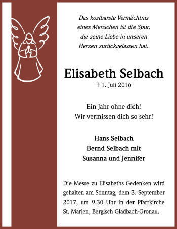 Anzeige von Elisabeth Selbach von Kölner Stadt-Anzeiger / Kölnische Rundschau / Express