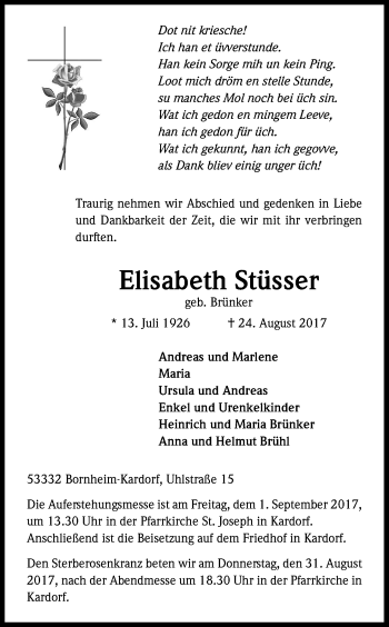 Anzeige von Elisabeth Stüsser von Kölner Stadt-Anzeiger / Kölnische Rundschau / Express