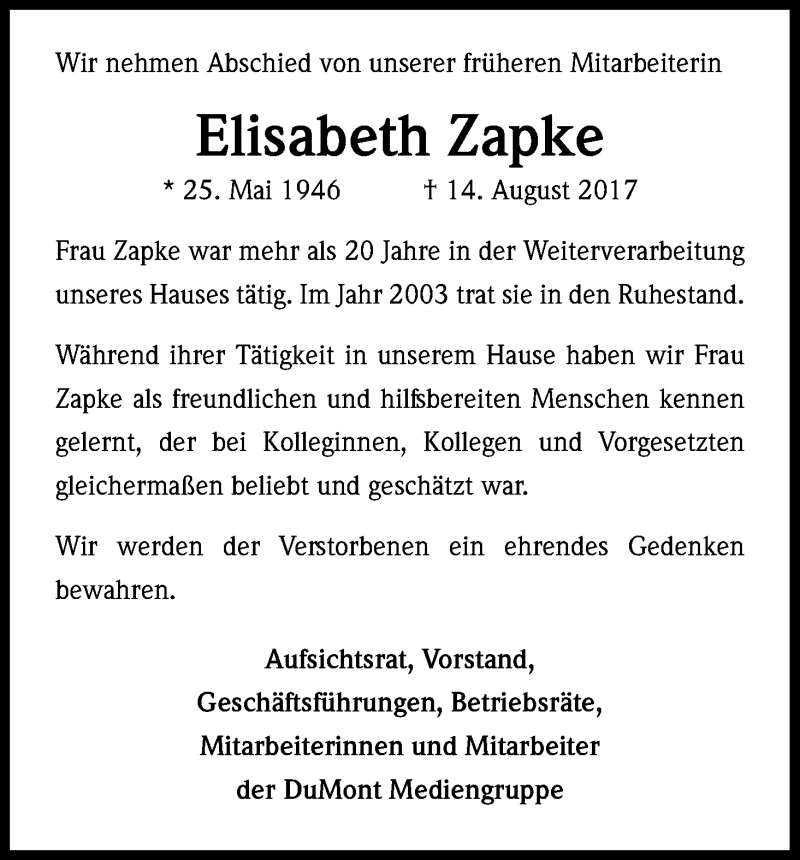  Traueranzeige für Elisabeth Zapke vom 26.08.2017 aus Kölner Stadt-Anzeiger / Kölnische Rundschau / Express