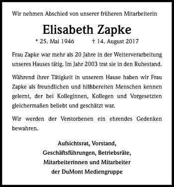 Anzeige von Elisabeth Zapke von Kölner Stadt-Anzeiger / Kölnische Rundschau / Express