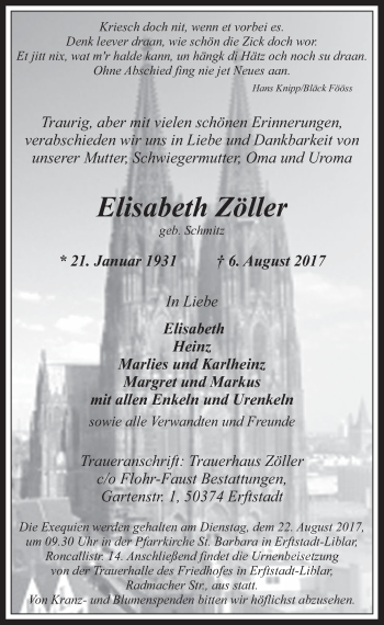 Anzeige von Elisabeth Zöller von  Wochenende 
