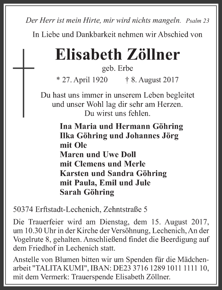  Traueranzeige für Elisabeth Zöllner vom 12.08.2017 aus  Sonntags-Post 