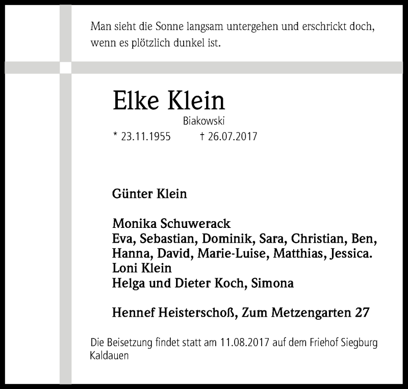  Traueranzeige für Elke Klein vom 09.08.2017 aus Kölner Stadt-Anzeiger / Kölnische Rundschau / Express