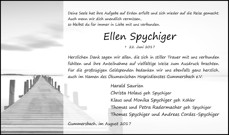  Traueranzeige für Ellen Spychiger vom 02.08.2017 aus  Anzeigen Echo 