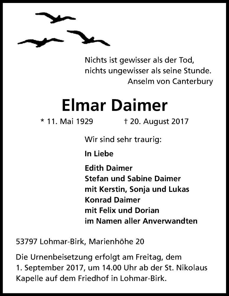  Traueranzeige für Elmar Daimer vom 26.08.2017 aus Kölner Stadt-Anzeiger / Kölnische Rundschau / Express