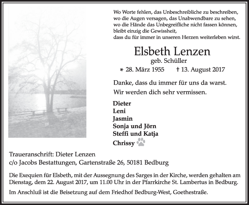  Traueranzeige für Elsbeth Lenzen vom 19.08.2017 aus  Sonntags-Post 