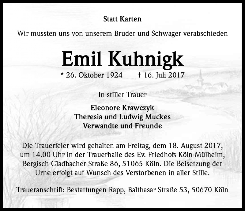  Traueranzeige für Emil Kuhnigk vom 11.08.2017 aus Kölner Stadt-Anzeiger / Kölnische Rundschau / Express