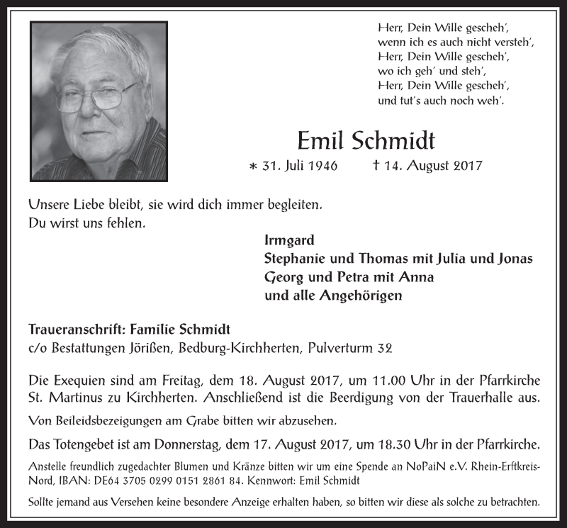  Traueranzeige für Emil Schmidt vom 16.08.2017 aus  Werbepost 