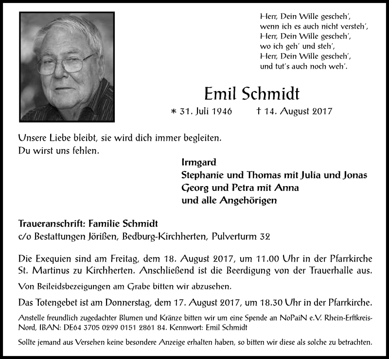  Traueranzeige für Emil Schmidt vom 16.08.2017 aus Kölner Stadt-Anzeiger / Kölnische Rundschau / Express