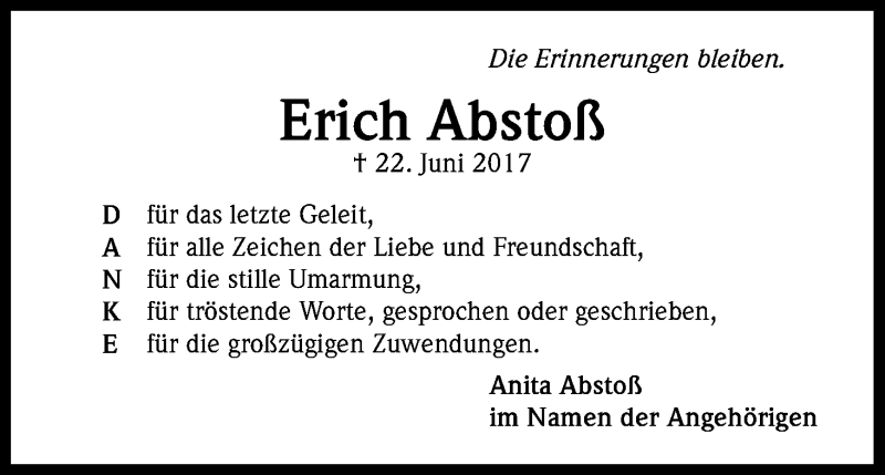  Traueranzeige für Erich Abstoß vom 02.08.2017 aus Kölner Stadt-Anzeiger / Kölnische Rundschau / Express
