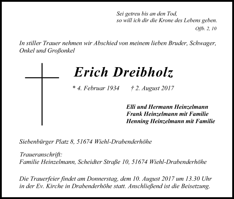  Traueranzeige für Erich Dreibholz vom 05.08.2017 aus Kölner Stadt-Anzeiger / Kölnische Rundschau / Express