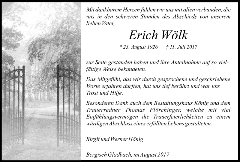  Traueranzeige für Erich Wölk vom 02.08.2017 aus Kölner Stadt-Anzeiger / Kölnische Rundschau / Express