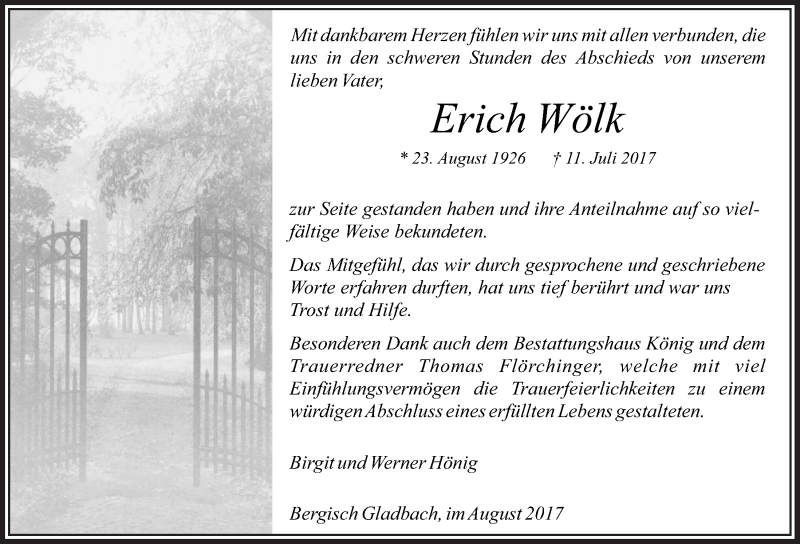  Traueranzeige für Erich Wölk vom 02.08.2017 aus  Bergisches Handelsblatt 