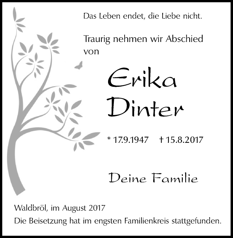  Traueranzeige für Erika Dinter vom 30.08.2017 aus  Lokalanzeiger 