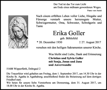 Anzeige von Erika Goller von Kölner Stadt-Anzeiger / Kölnische Rundschau / Express