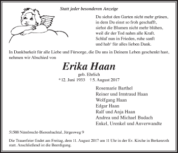 Anzeige von Erika Haan von  Lokalanzeiger 