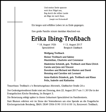 Anzeige von Erika Ibing-Troßbach von Kölner Stadt-Anzeiger / Kölnische Rundschau / Express