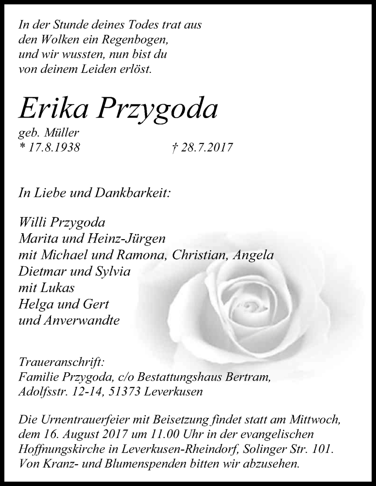  Traueranzeige für Erika Przygoda vom 09.08.2017 aus Kölner Stadt-Anzeiger / Kölnische Rundschau / Express