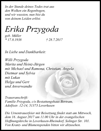 Anzeige von Erika Przygoda von Kölner Stadt-Anzeiger / Kölnische Rundschau / Express