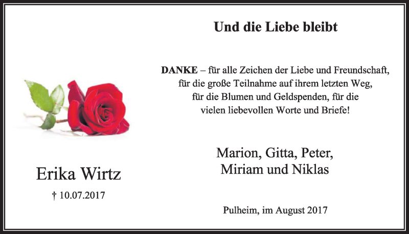  Traueranzeige für Erika Wirtz vom 19.08.2017 aus  Sonntags-Post 