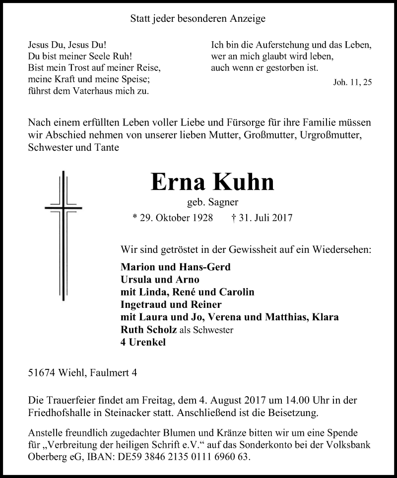  Traueranzeige für Erna Kuhn vom 02.08.2017 aus Kölner Stadt-Anzeiger / Kölnische Rundschau / Express