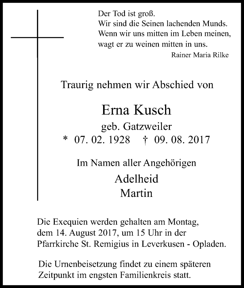  Traueranzeige für Erna Kusch vom 12.08.2017 aus Kölner Stadt-Anzeiger / Kölnische Rundschau / Express