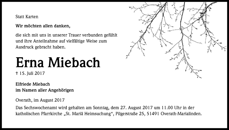  Traueranzeige für Erna Miebach vom 19.08.2017 aus Kölner Stadt-Anzeiger / Kölnische Rundschau / Express