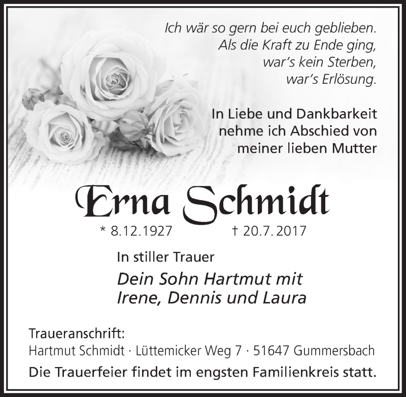  Traueranzeige für Erna Schmidt vom 02.08.2017 aus  Anzeigen Echo 