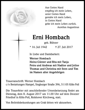 Anzeige von Erni Hombach von Kölner Stadt-Anzeiger / Kölnische Rundschau / Express