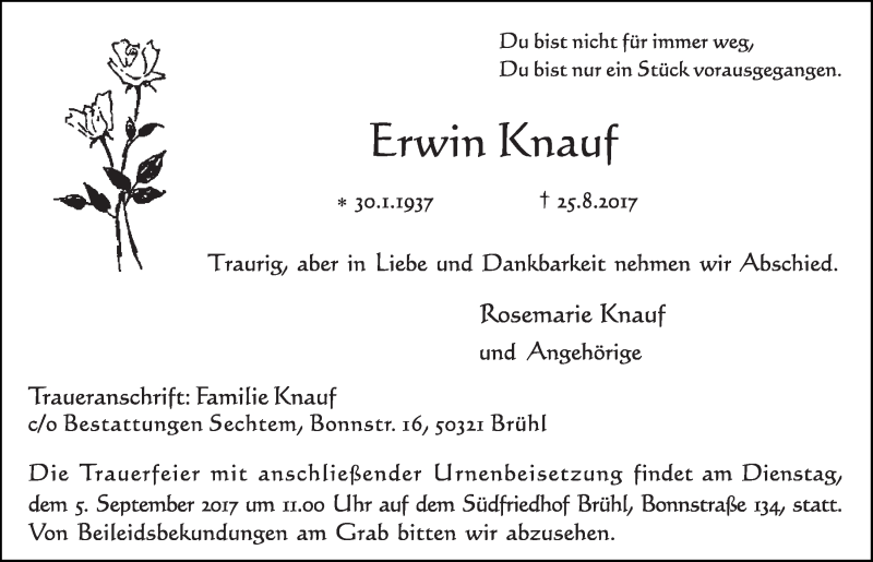  Traueranzeige für Erwin Knauf vom 30.08.2017 aus  Schlossbote/Werbekurier 