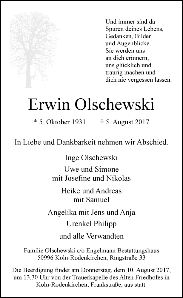  Traueranzeige für Erwin Olschewski vom 09.08.2017 aus  Kölner Wochenspiegel 