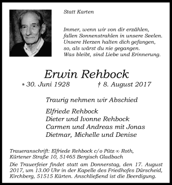 Anzeige von Erwin Rehbock von Kölner Stadt-Anzeiger / Kölnische Rundschau / Express