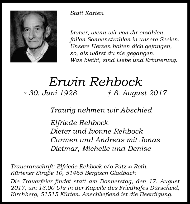  Traueranzeige für Erwin Rehbock vom 15.08.2017 aus Kölner Stadt-Anzeiger / Kölnische Rundschau / Express