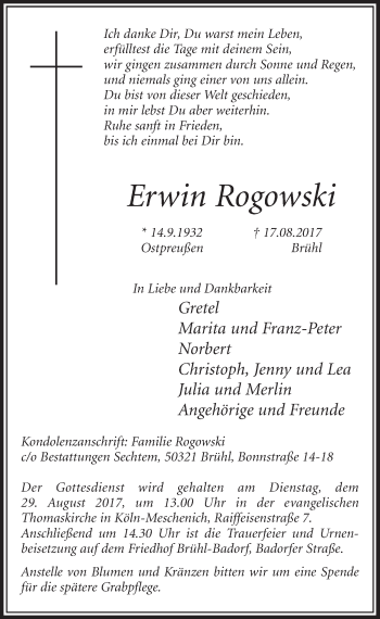 Anzeige von Erwin Rogowski von  Schlossbote/Werbekurier 