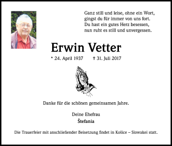 Anzeige von Erwin Vetter von Kölner Stadt-Anzeiger / Kölnische Rundschau / Express