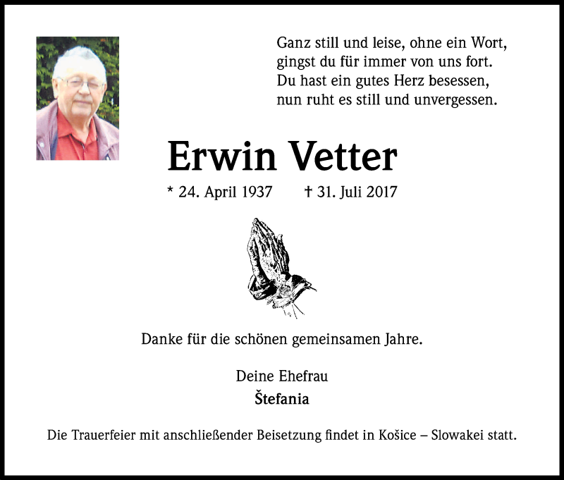 Traueranzeige für Erwin Vetter vom 12.08.2017 aus Kölner Stadt-Anzeiger / Kölnische Rundschau / Express