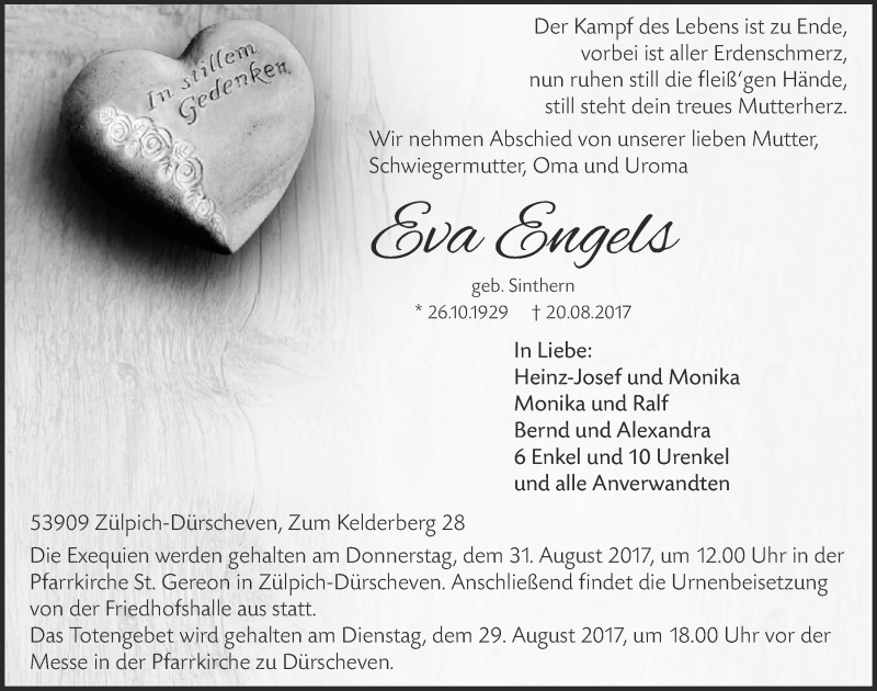  Traueranzeige für Eva Engels vom 26.08.2017 aus  Blickpunkt Euskirchen 