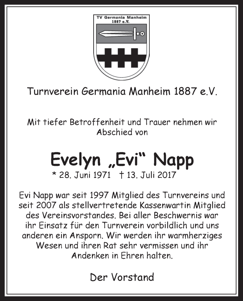  Traueranzeige für Evelyn Napp vom 02.08.2017 aus  Werbepost 