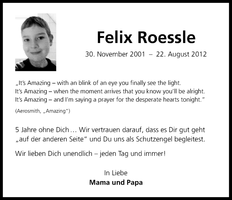  Traueranzeige für Felix Roessle vom 22.08.2017 aus Kölner Stadt-Anzeiger / Kölnische Rundschau / Express