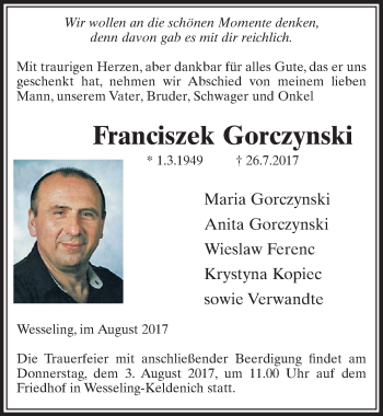 Anzeige von Franciszek Gorczynski von  Schlossbote/Werbekurier 