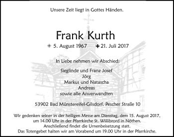 Anzeige von Frank Kurth von  Blickpunkt Euskirchen 