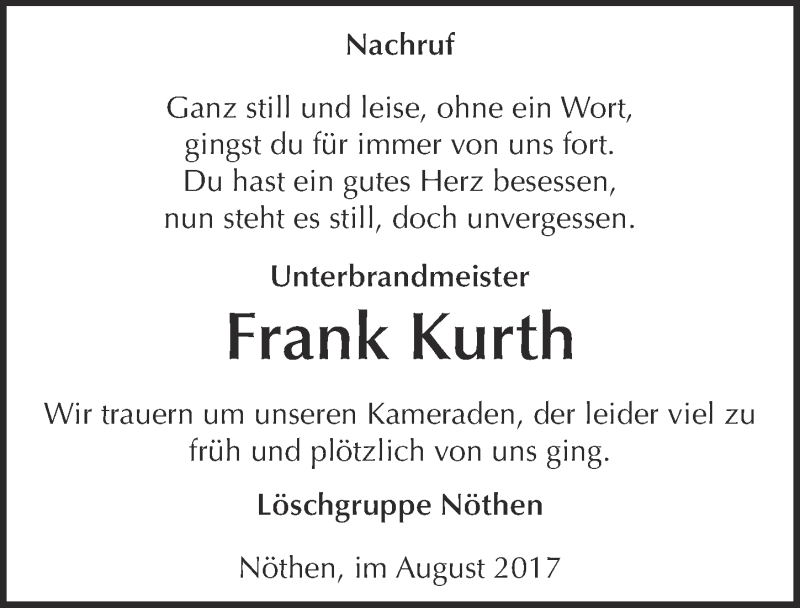  Traueranzeige für Frank Kurth vom 12.08.2017 aus  Blickpunkt Euskirchen 