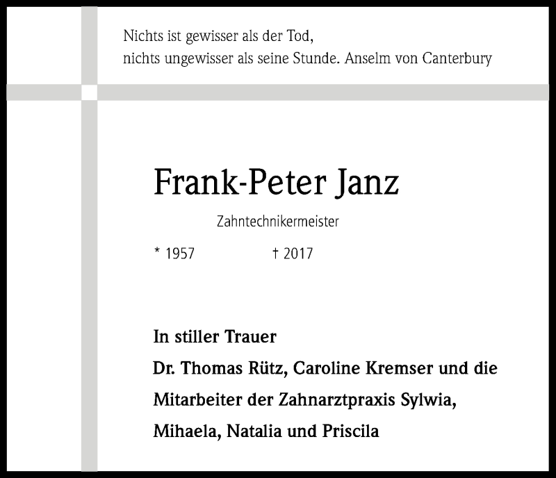  Traueranzeige für Frank-Peter Janz vom 03.08.2017 aus Kölner Stadt-Anzeiger / Kölnische Rundschau / Express