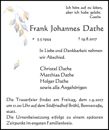 Anzeige von Frank Johannes Dathe von  Schlossbote/Werbekurier 