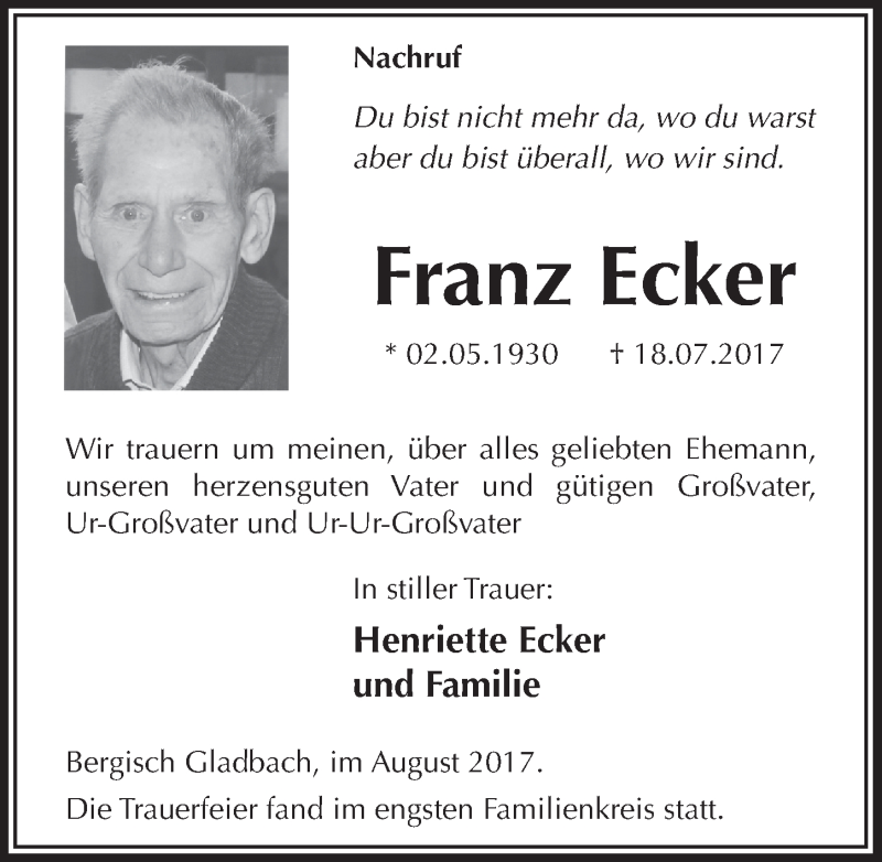  Traueranzeige für Franz Ecker vom 02.08.2017 aus  Bergisches Handelsblatt 