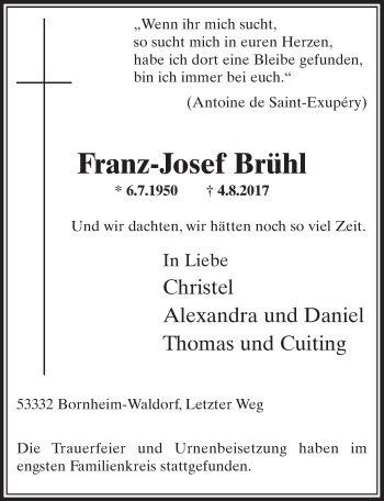 Anzeige von Franz-Josef Brühl von  Schaufenster/Blickpunkt  Schlossbote/Werbekurier 