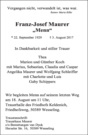Anzeige von Franz-Josef Maurer von  Kölner Wochenspiegel 