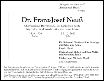 Anzeige von Franz-Josef Neuß von Kölner Stadt-Anzeiger / Kölnische Rundschau / Express